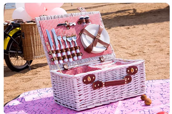 Cestino da picnic in rattan da portare a mano con coperchio Cabas Cestino portaoggetti da viaggio Grandi forniture da picnic all'aperto